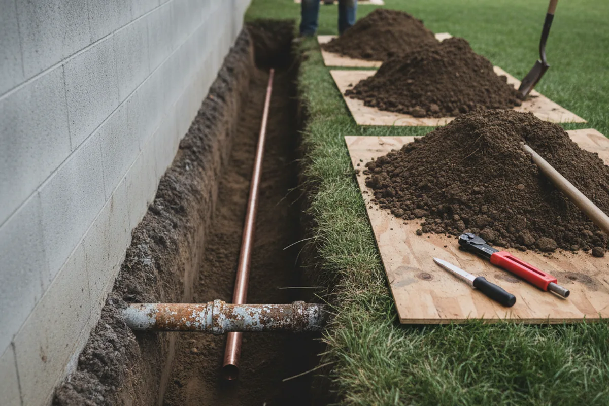 Excavated water line trench during Water Softener Installation in Jeff